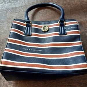 Tommy Hilfiger red, blue, and white striped small satchel purse